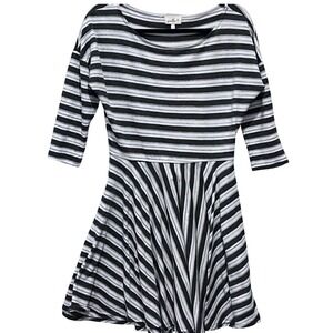 Puella Anthropologie Striped Fit and Flare Dress Grey White 3/4 Sleeve Large